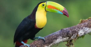 A Keel-billed Toucan perched on a thick branch.