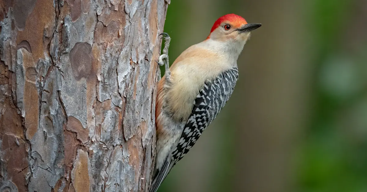 A woodpecker clinging ontto the side of a tree using its zygodactyl feet.